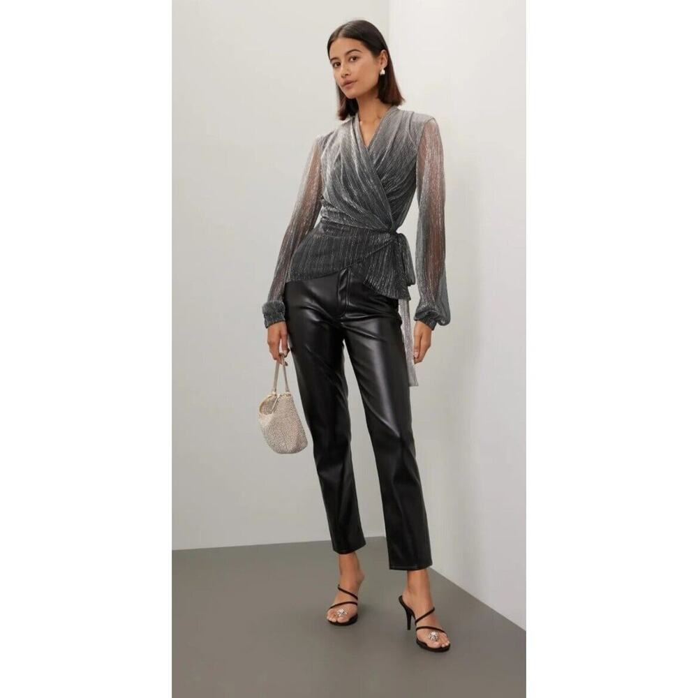 RTR sz medium Pat Bo silver ombre wrap long sleeve v neck ruffle hem blouse tie